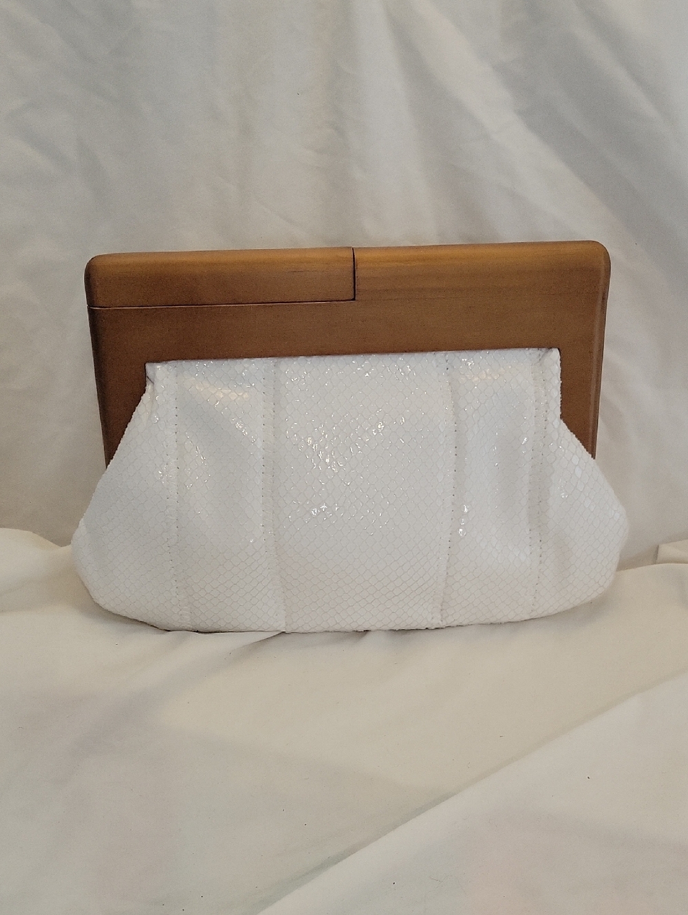 White House Black Market Elegant White Faux Snakeskin Clutch with Wood Handle